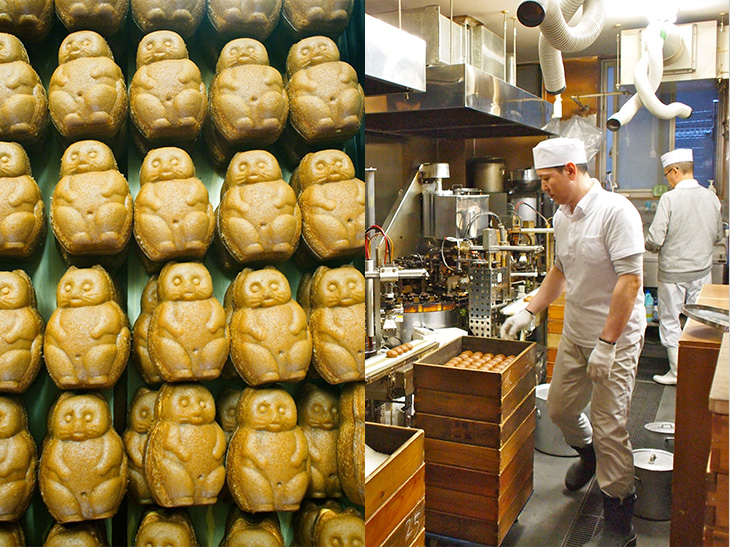 人形焼はレジ奥の工場で製造、できたそばから袋に詰めていくため、まだ温かい人形焼をゲットできることも。