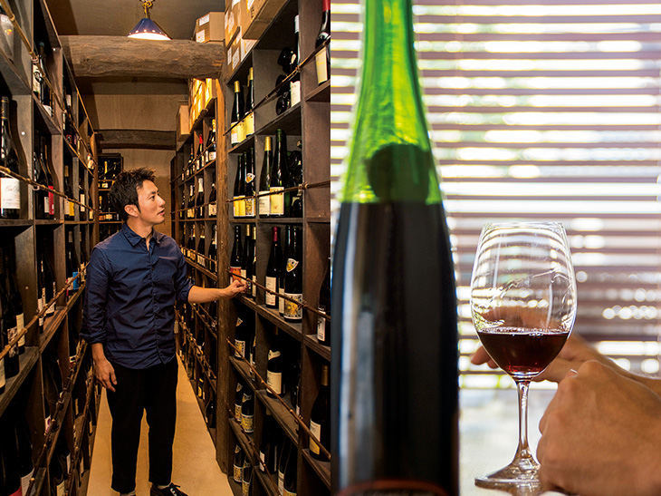 （左）カーヴには、今か今かと世に出る時期を待っているワインが眠る。（右）話をしながら開栓したワイン。注がれたグラスからは次々と香りが広がり、生命力を感じさせる