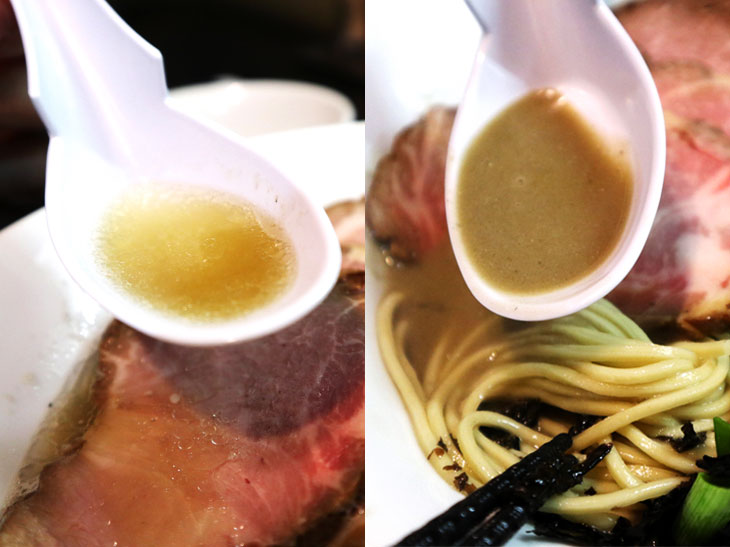 写真左は「塩そば」のスープ、写真右が「濃厚そば」のスープ。『晴』はオープン当初「つけ麺」の店で、その濃厚なスープが、「濃厚そば」の元になっているそうです。