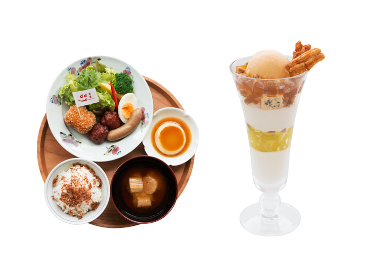 「良い食お子さま定食」1,400円（写真左）、「良い食パフェ」1,300円（写真右）