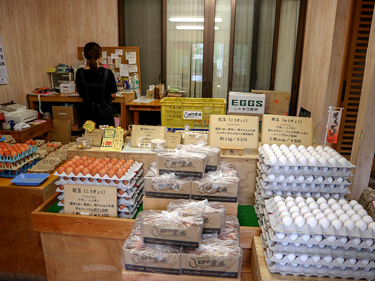 直売所の店内。表では自動販売機で卵を買うこともできます。ちなみに田中農場のオリジナルブランド卵は純国産鶏が生む「紅玉」のほか、「黄玉」「真珠」もあります