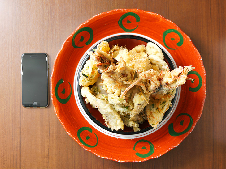 丼自体は直径約22.5cmの黒い器に盛られている。大皿は天ぷらを置くためのもの