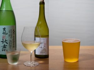 自然な造りのワインと日本酒、ビールを扱う。ビールは地元の「ヨロッコビール」と「バーバリックワークス」が中心。左から日本酒半合500円～、グラスワイン800円～、ビール1000円