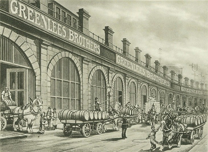 創業当時のグリーンリース・ブラザーズ社。1900年代初頭のロンドンでは馬でウイスキー樽を運搬していた