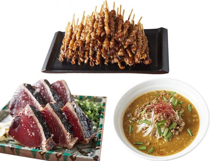 博多名物「とりかわ」、高知名物「鰹わら焼」、北海道名物「濃厚味噌カレーラーメン」。日本全国の名物料理が堪能できる