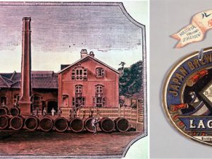 ジャパン・ブルワリー・カンパニー設立時の工場（左）と1888年発売当時のラベル