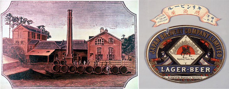 ジャパン・ブルワリー・カンパニー設立時の工場（左）と1888年発売当時のラベル