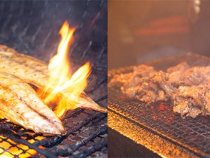 左・注文するとすぐに焼き場へ。炭火で調理開始。右・炭火で焼くと肉も旨みがアップ。隠れた人気の「ザ・東京うし弁」