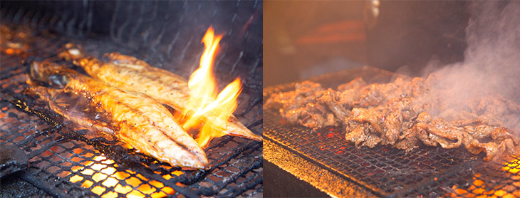 左・注文するとすぐに焼き場へ。炭火で調理開始。右・炭火で焼くと肉も旨みがアップ。隠れた人気の「ザ・東京うし弁」