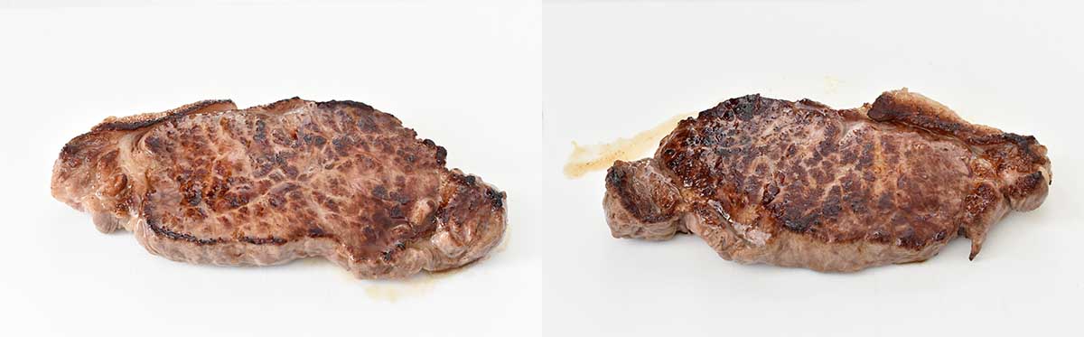 焼いたステーキの表面。左が15秒ごとに焼き返したもの。右が90秒ごとに焼き返したもの