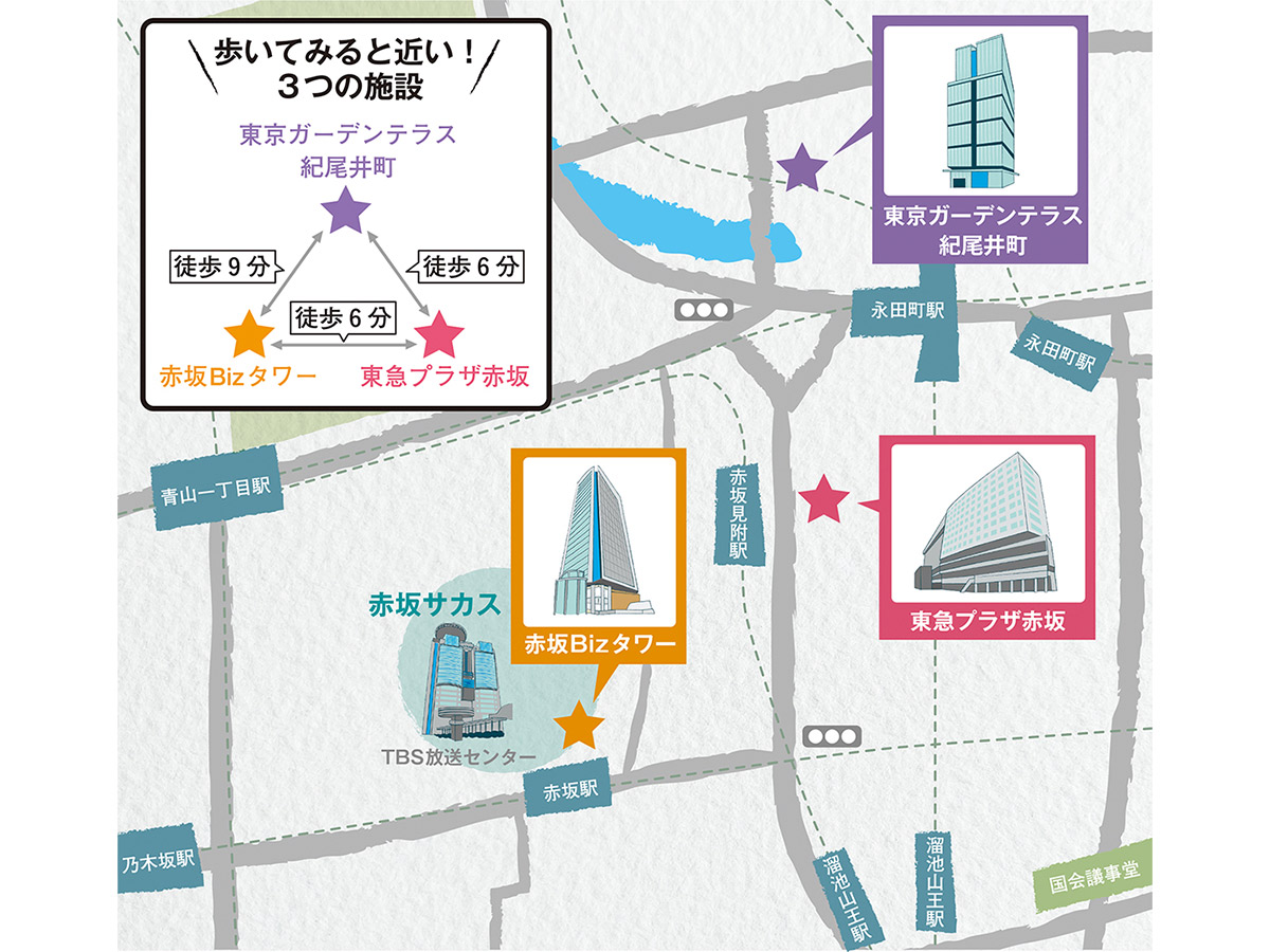 「東急プラザ赤坂」、「赤坂Bizタワー」、「東京ガーデンテラス紀尾井町」の3施設を巡ってスタンプを集めていこう