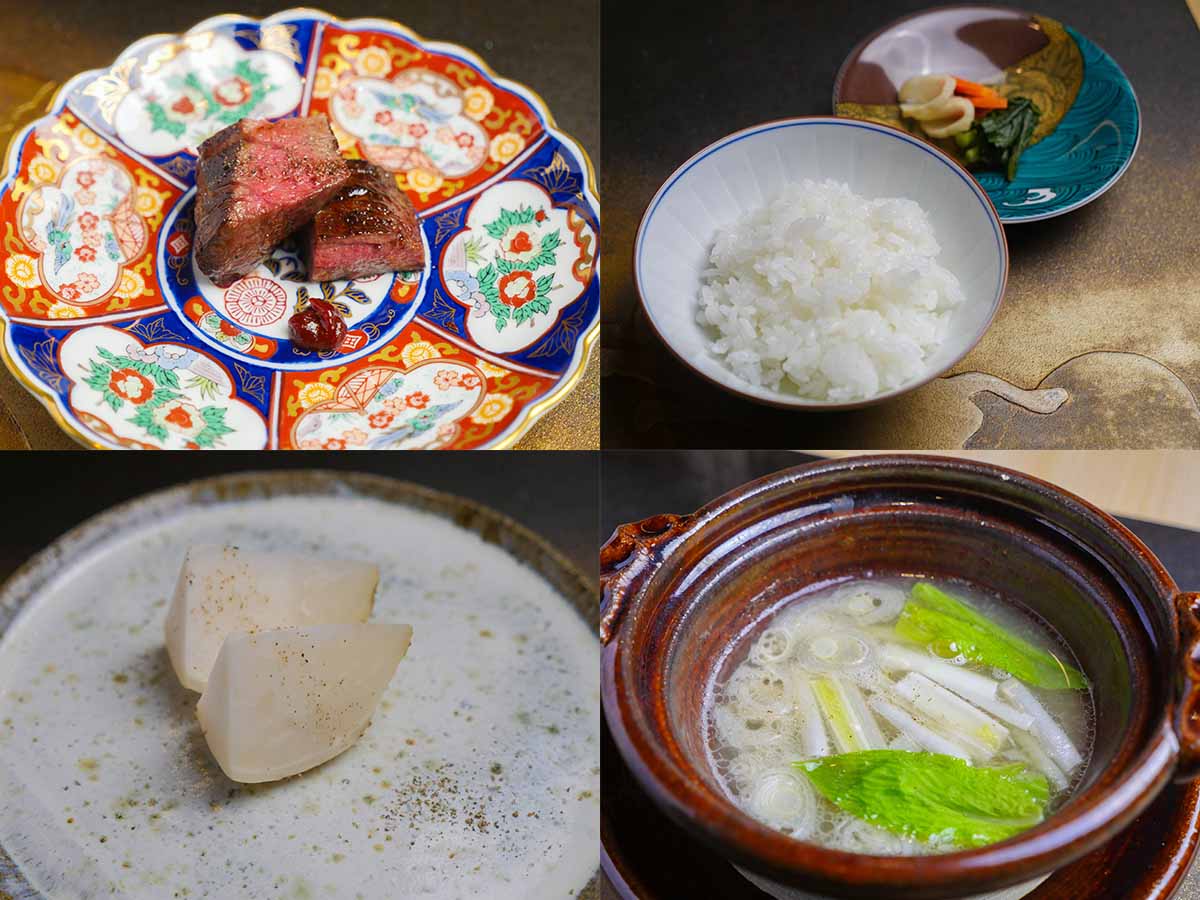 （左上）「和牛ハラミタレ焼き」、（右上）土鍋で炊いたごはん「双オリジナルブレンド米」とお漬物、（左下）「京野菜蕪のホイル焼き」、（右下）「ソルロンタン」