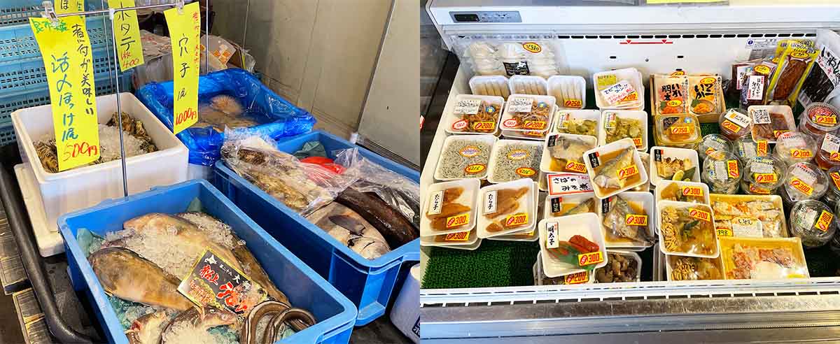札幌・北24条にある『シハチ鮮魚店』の店頭では、新鮮な鮮魚のほか、魚介類の加工品も格安で販売されています