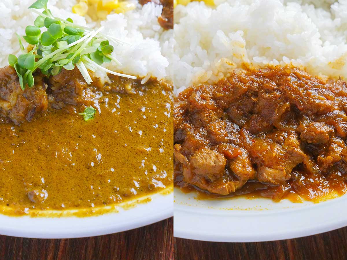 （左）ひき肉とほうれん草のグリーンカレー、（右）インド風レッドカレー。粘度、色、食感の違いも楽しい