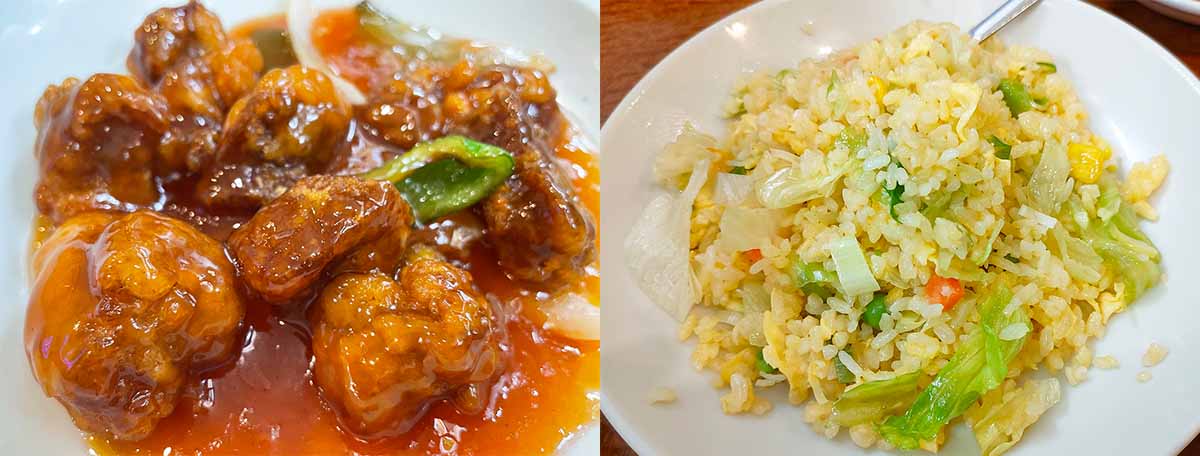 （左）「北京ダック」も美味しいが、それ以上に美味しかった「酢豚」。（右）卵と野菜のみ「レタスチャーハン」もパラパラで美味！