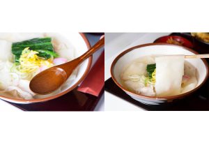 （左）澄んだスープに感動！　（右）この幅広麺がたまらない「ひも川うどん」