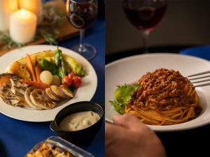 （左）アンティパスト【前菜】「青の洞窟 野菜のためのディップソースバーニャカウダ」。野菜がご馳走になるイタリアのディップソース「バーニャカウダ」。生クリームにアンチョビーの旨味が溶け出した、コクのある美味しさが、上質な食卓を演出します。（右）プリモピアット【第一の皿】「青の洞窟 ボロネーゼ」。イタリア産赤ワインとともにじっくりと煮込んだ挽き肉の美味しさを感じる味わい。ソースに使われている香味野菜とハーブが肉の旨味を引き立てます