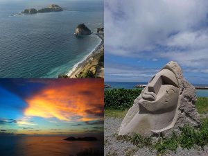 島のあちこちで見つかるモヤイ像（右）は、日本では新島でしか採れない特産のコーガ石製