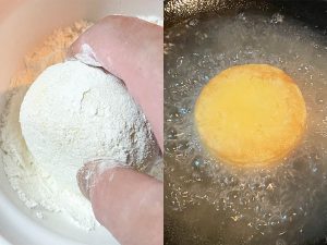 「萩の月」に小麦粉をまぶし、150度の油で揚げます