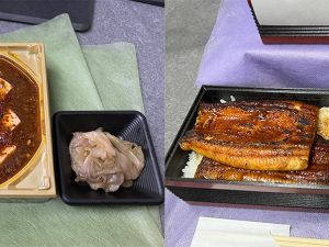 お店で販売しているメニューの一例。左「四川麻婆豆腐」1180円、右「うな重 特上」2580円（※ビジネスランチ対応）