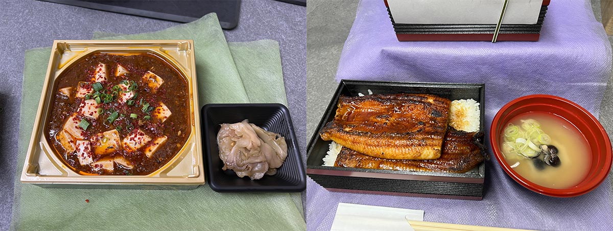 お店で販売しているメニューの一例。左「四川麻婆豆腐」1180円、右「うな重 特上」2580円（※ビジネスランチ対応）