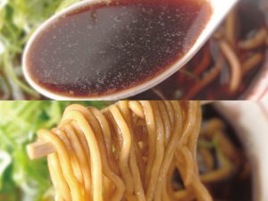 スープは黒さが際立つ”濃厚醤油系”。中太ストレート麺との相性は抜群！（食楽web）