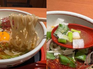 （左）「北海道えび麻辣スパイス味噌拉麺」は平打ち麺を使用。（右）富良野産の「軟白ねぎ」は甘味があって食感もシャキシャキ