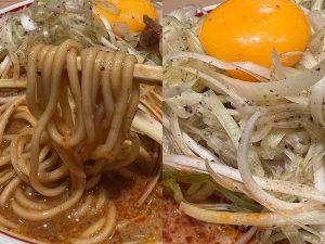 （左）辛いので麺をすするときはむせないように注意。（右）ねぎにかかっている胡椒がさらに刺激をプラス