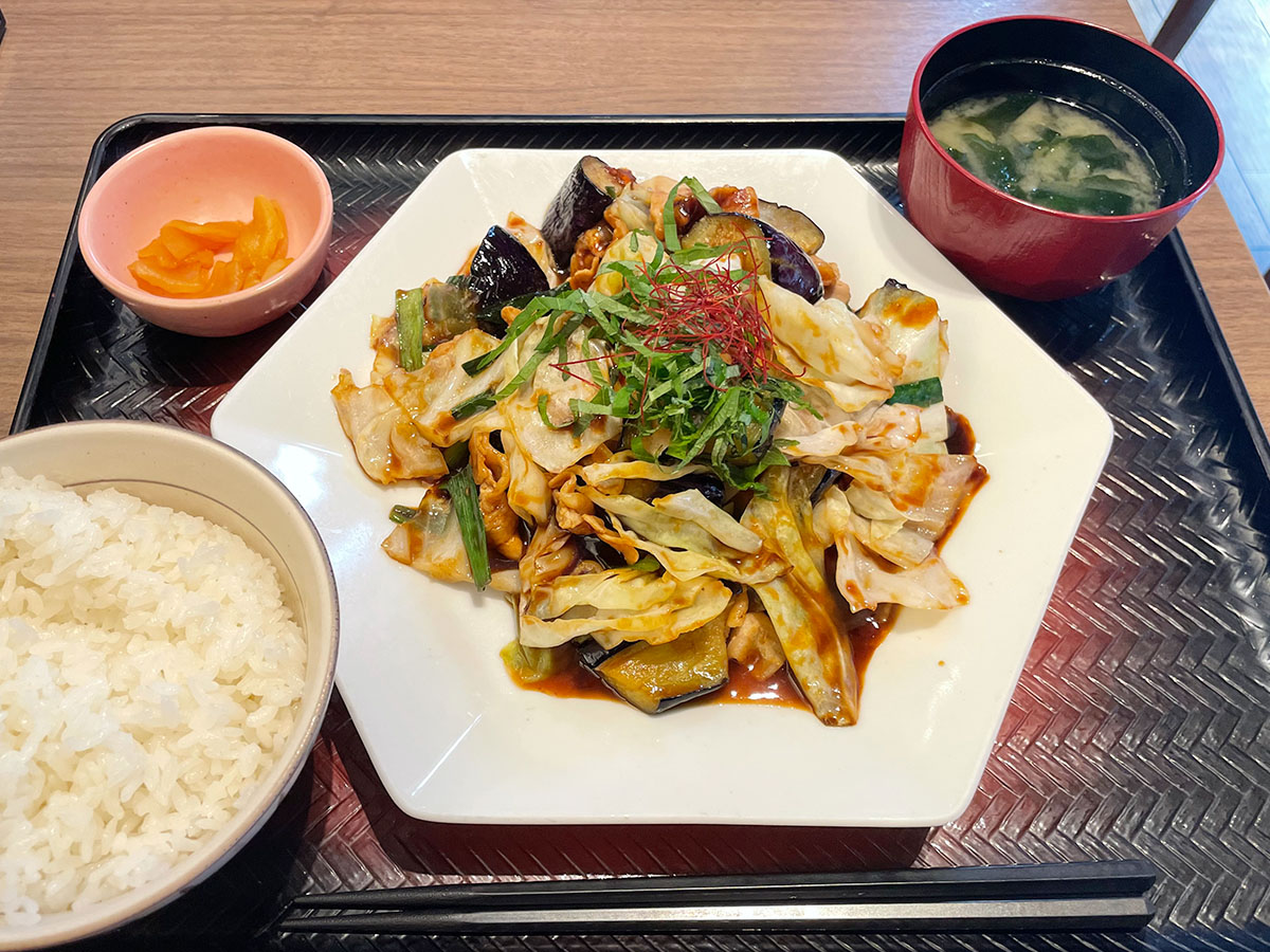 「茄子と豚肉のコク旨味噌炒め定食」。野菜もりもりで良さげだけど……