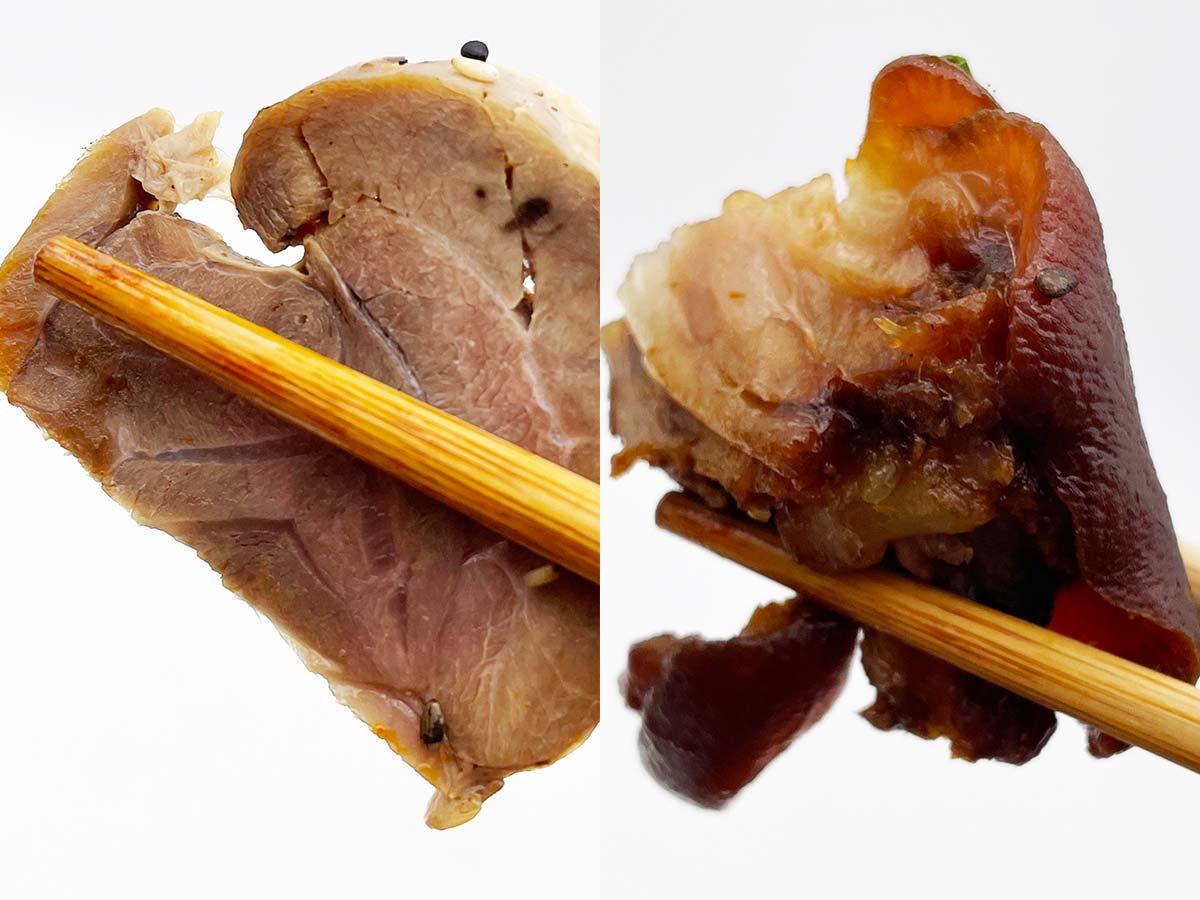 （左）豚肉をじっくり煮込んで作り上げるという「ポッサム」。（右）豚足を自家製タレで6時間煮込んだ「チョッパル」