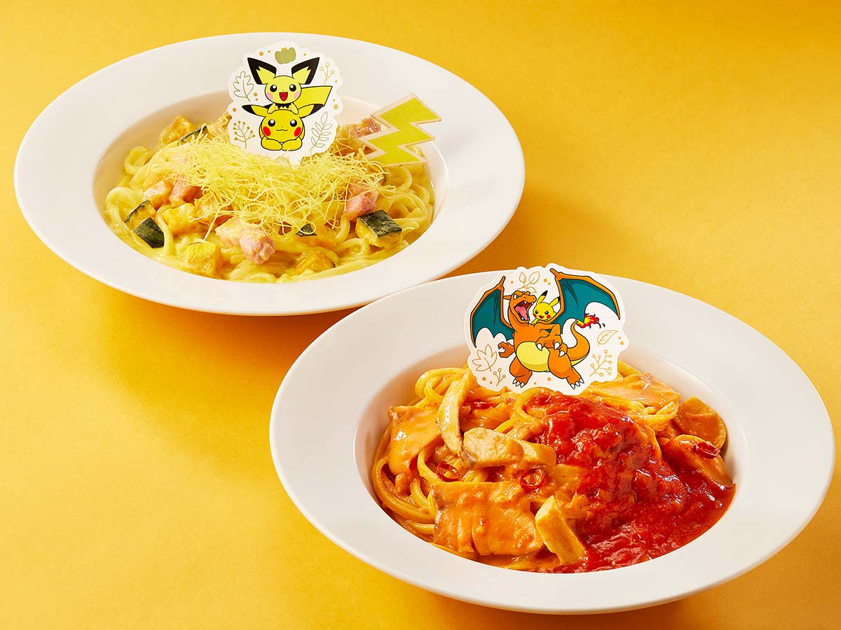 左「ピカチュウとピチューのかぼちゃづくしクリームパスタ」1870円、右「ピカチュウとリザードンの”かえんほうしゃ”トマトクリームパスタ」1870円