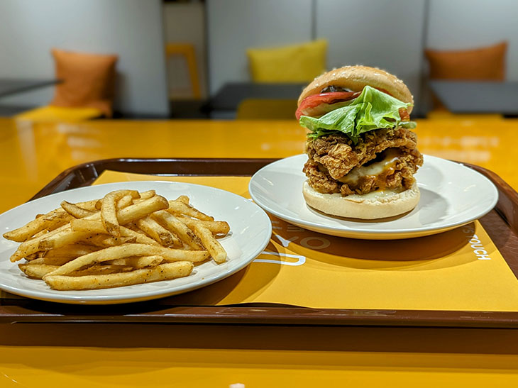 奥:鶏モモ肉2枚を挟んだ「サイフレックスバーガー」580円、手前:「ケイジャン風フライドポテト」270円