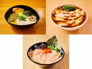 左上から時計回りに『そらいろ NIPPON』の「ソラのオイスターチャウダー2023」2000円、『東京煮干し ラーメン玉』の「釜焼きチャーシューメン」1200円、『とんこつらーめん 俺式 純』の「宮崎霧島黒豚のめっちゃチャーシュー麺」1450円