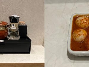 （左）にんにくや一味唐辛子は味噌ラーメンと相性抜群。（右）人気のトッピング「チンピラ玉子」200円
