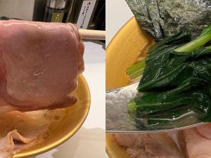 （左）1杯のラーメンでチャーシューを食べ比べられる贅沢。（右）江戸菜の食感と風味が濃厚なスープに合う
