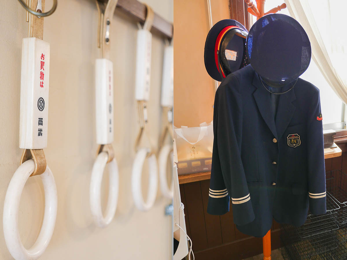 店内に飾られた吊り革は昭和の時代に実際に車内で使われていたもの。そして大雄山鉄道の制服を着て記念撮影もできる