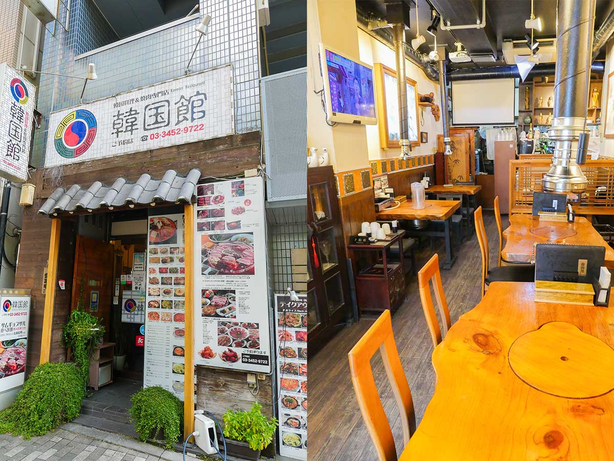 （左）表にはたくさんのメニューが貼ってある。（右）店内は韓国料理のお店らしい、絵や飾りが置かれている