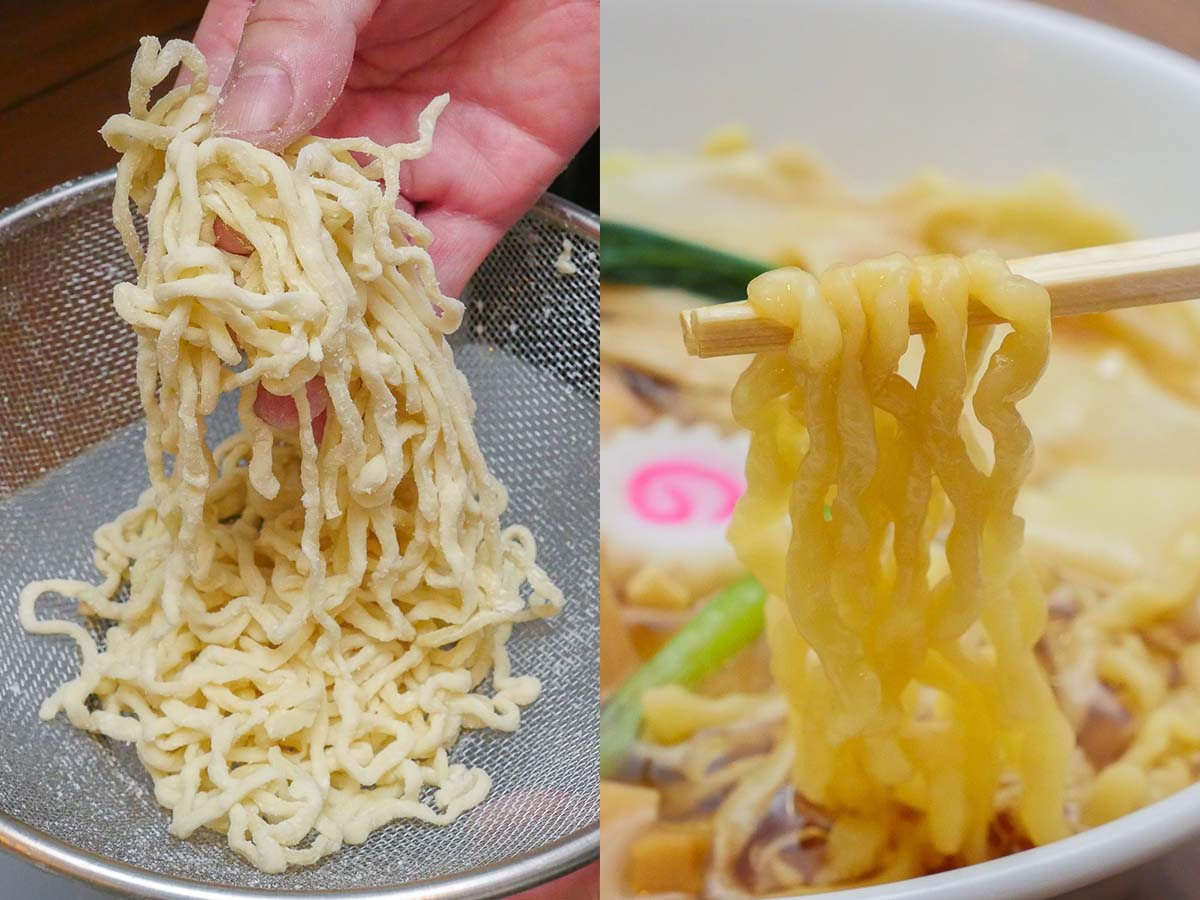 特製の手打ち麺。この縮れ具合がスープをガッチリとキャッチして口へ運んでくれる