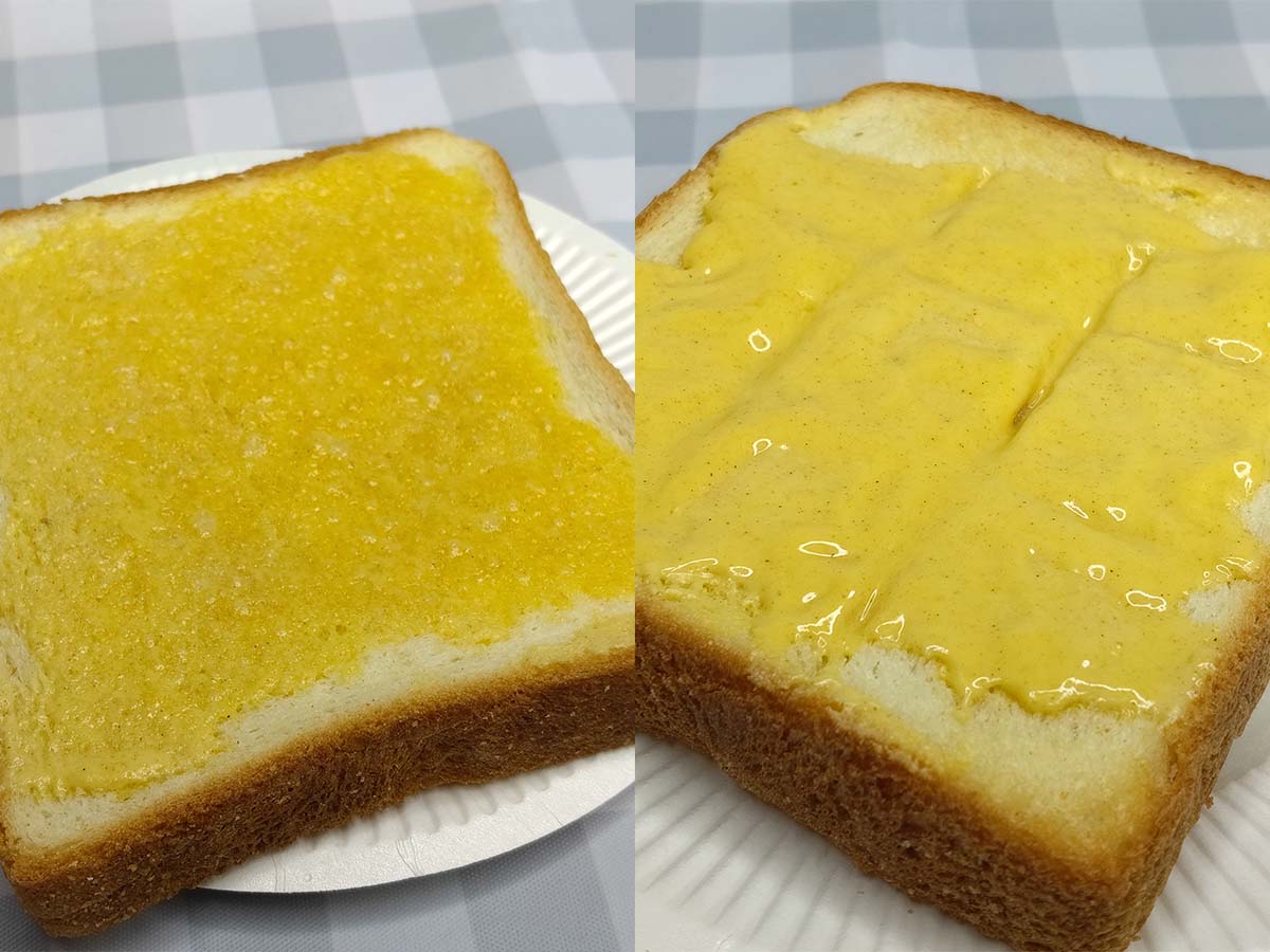 （左）薄塗り。口当たりの軽さとほのかな甘さが際立つ仕上がり。（右）厚塗り。スプレッドの焼き芋ペースト感がどっしり来る。表面に切れ目を入れることで、よりパンに染みやすくなります