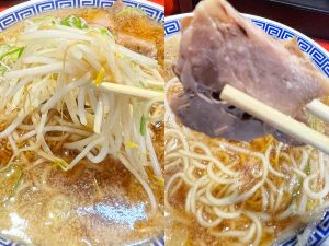 （左）もやしとの相性も抜群、（右）繊細な味わいの焼豚