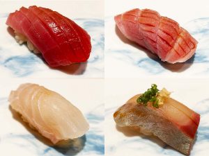 「板前スクールランチ」の主役となる7貫の握り寿司一例。中とろ、大とろ、天然平目昆布〆、金目鯛、鰹たたき、縞鯵、帆立