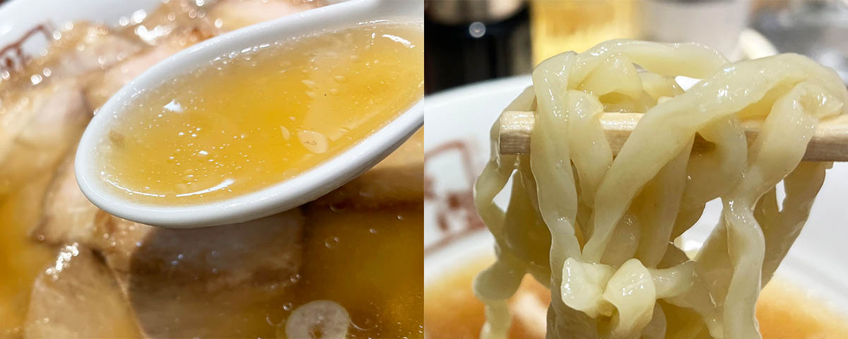 （左）あっさりしていながらも、忘れられなくなる味のスープ。（右）コシがあるちぢれ麺