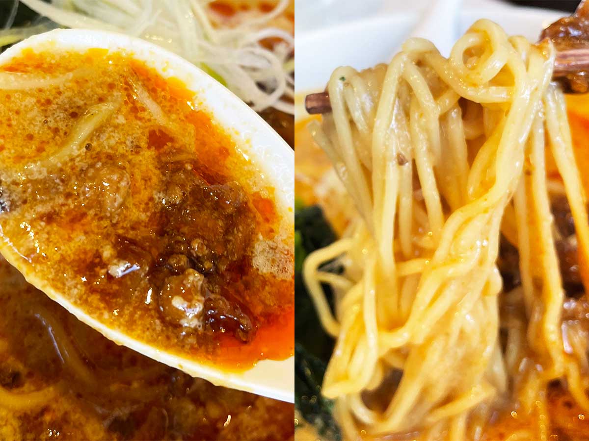 （左）スープは見た目よりもマイルドで、濃厚なゴマの風味を感じます。（右）コク深いスープに麺がしっかりと絡み合い、箸がどんどん進みます