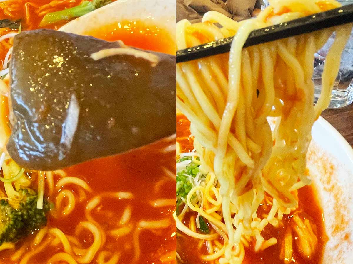 (左)甘みを感じるナスとトマトスープの相性ももちろん◎。ご飯にかけていただいても美味しそう。(右)ややウェーブがかかった麺にトマトスープが絡み、スープに含まれる豚と鶏の旨みも感じられます