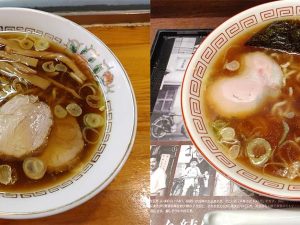 左が『春木屋 荻窪本店』、右が今回実食した『らあめん花月嵐』のラーメン