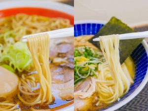 麺はストレートの細麺。ちなみに、醤油味と塩味では味玉の味付けも変えている