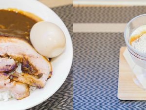 （左）「桃の屋特製カレー」900円、（右）期間限定の「デザート」300円。この日はほうじ茶プリン