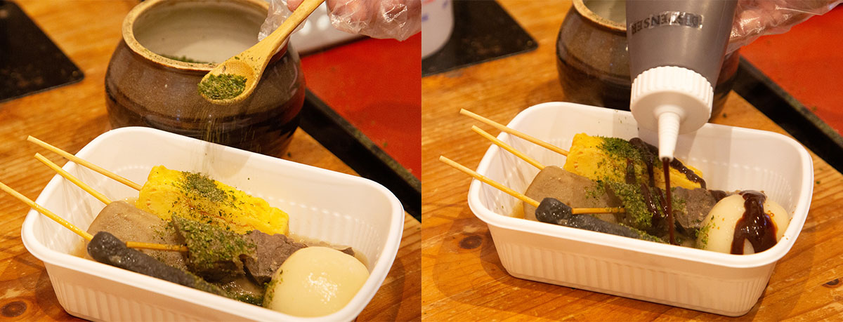 (左)ダシ粉入りの青のり(右)特製の味噌をたっぷりと
