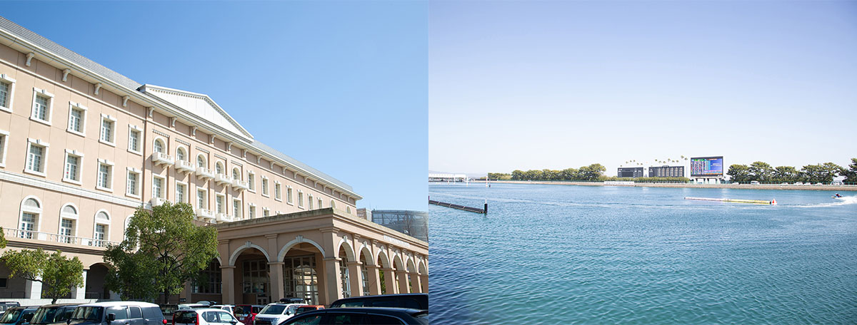 （左）中央スタンド側の建物（右）日本一広い水面
