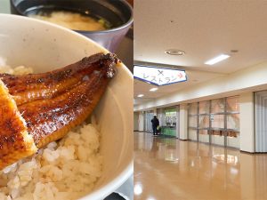 （左）ふっくらしたレストラン『フラワー』の「鰻丼」。（右）レストラン『フラワー』